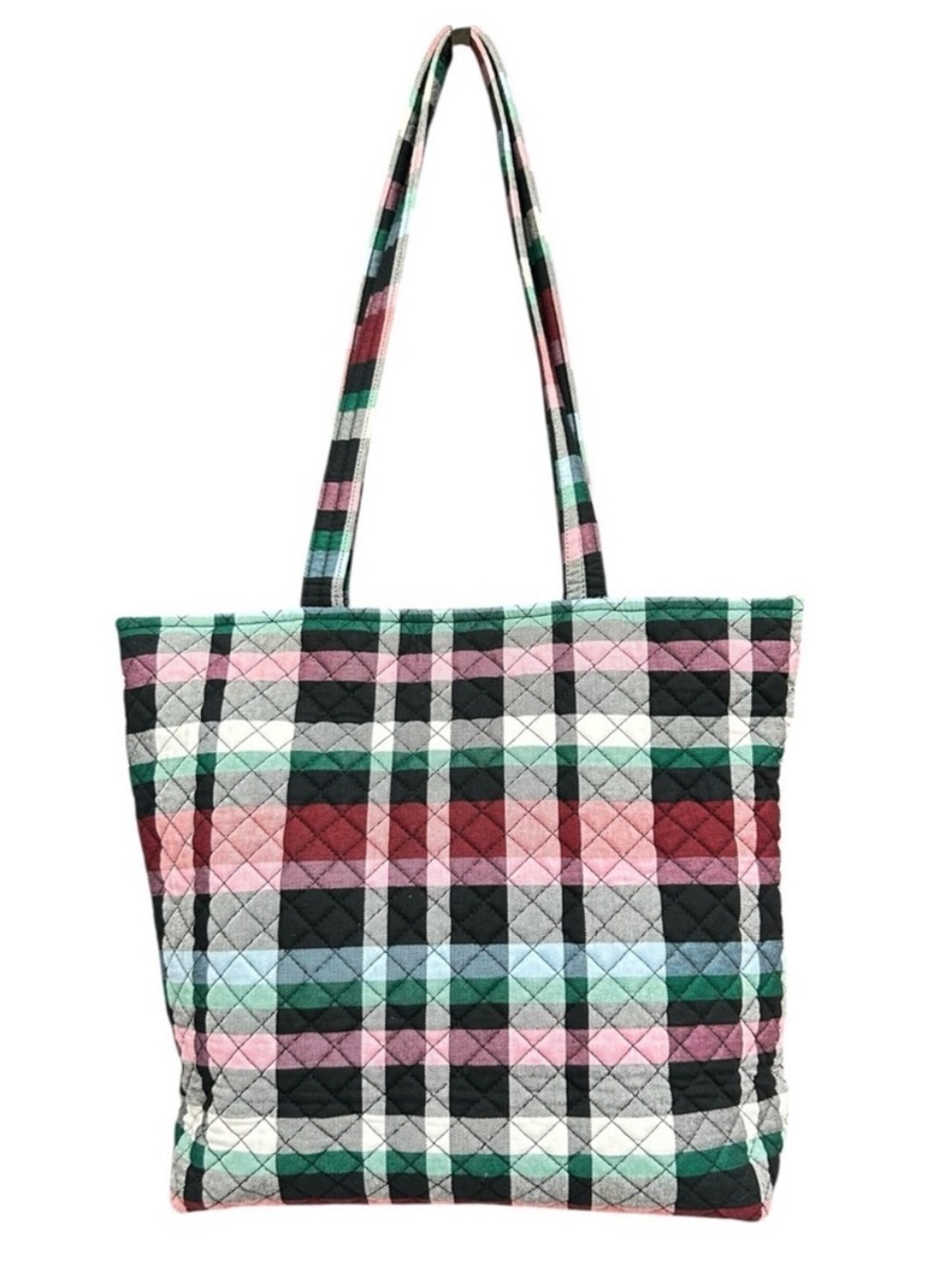 Vera Bradley Quilted Plaid Cotton Tote Bag Pink Green Black Shoulder Carryall